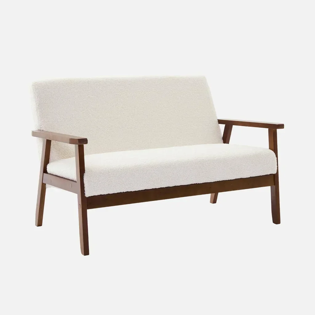 Canapé 2 places Isak bois hévéa tissu bouclette style scandinave vintage