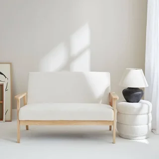 Canapé 2 places bois hévéa assise bouclette style scandinave vintage Isak