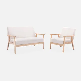 Canapé 2 places bois hévéa assise bouclette style scandinave vintage Isak