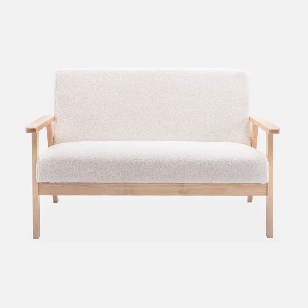 Canapé 2 places bois hévéa assise bouclette style scandinave vintage Isak