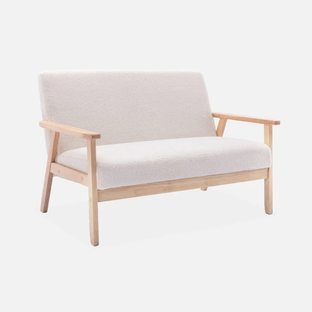 Canapé 2 places bois hévéa assise bouclette style scandinave vintage Isak