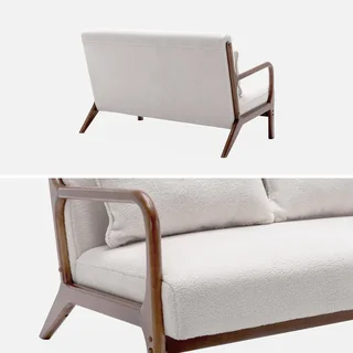 2-Sitzer Sofa und skandinavischer Sessel Massivholz Hevea Nussbaum Boucle Stoff Lorens