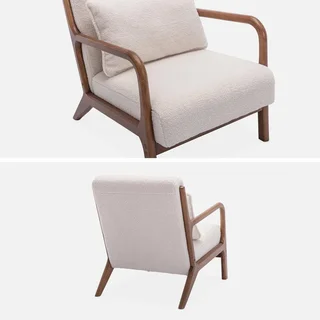 2-Sitzer Sofa und skandinavischer Sessel Massivholz Hevea Nussbaum Boucle Stoff Lorens
