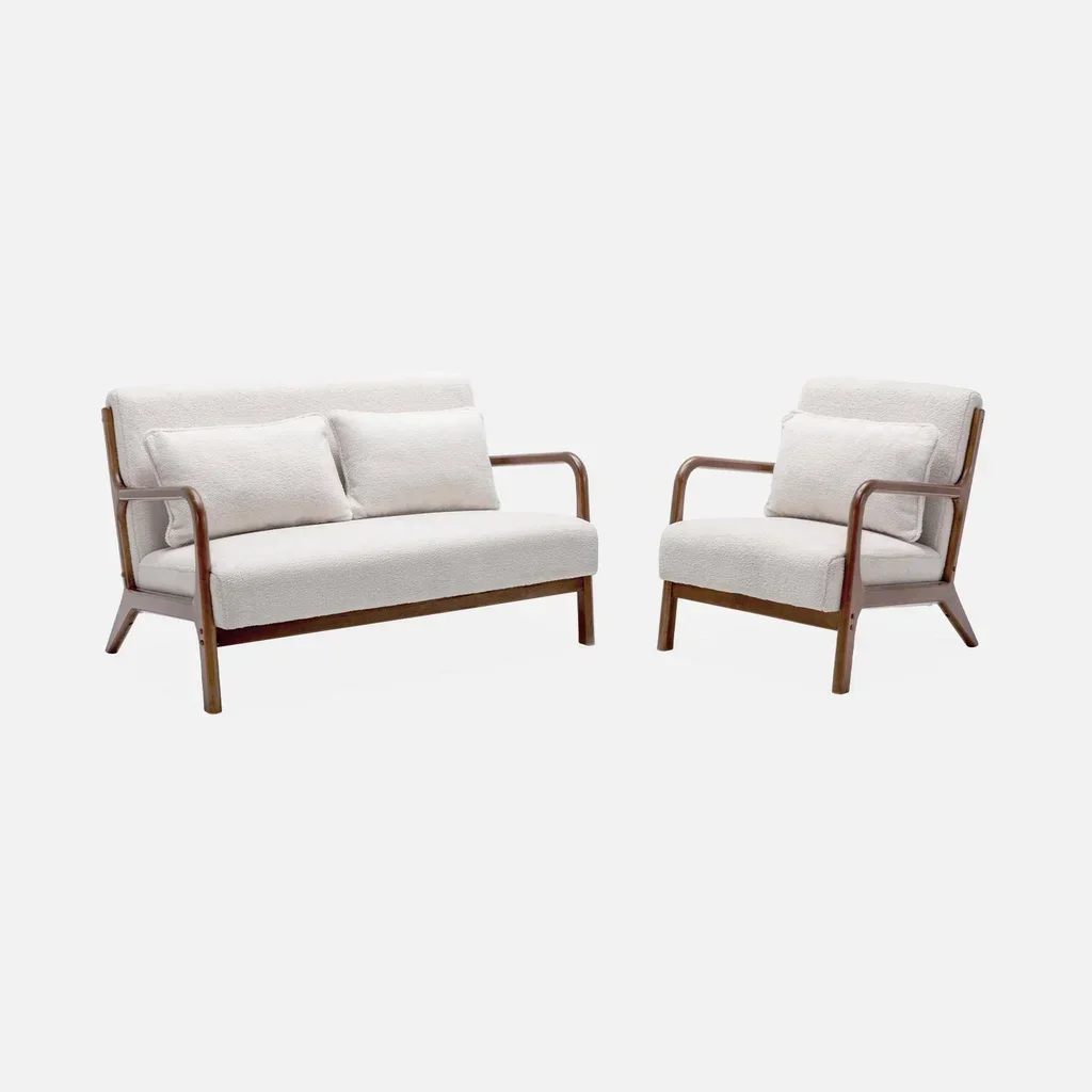 2-Sitzer Sofa und skandinavischer Sessel Massivholz Hevea Nussbaum Boucle Stoff Lorens