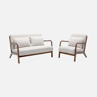 2-Sitzer Sofa und skandinavischer Sessel Massivholz Hevea Nussbaum Boucle Stoff Lorens