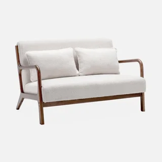 2-Sitzer Sofa und skandinavischer Sessel Massivholz Hevea Nussbaum Boucle Stoff Lorens