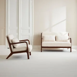 2-Sitzer Sofa und skandinavischer Sessel Massivholz Hevea Nussbaum Boucle Stoff Lorens