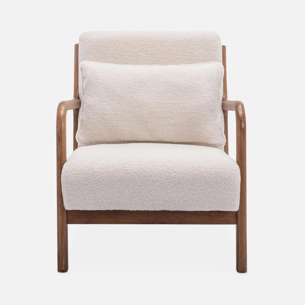 2-Sitzer Sofa und skandinavischer Sessel Massivholz Hevea Nussbaum Boucle Stoff Lorens