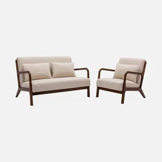 Canapé 2 places et fauteuil Lorens en hévéa teinté noyer clair avec revêtement textile beige