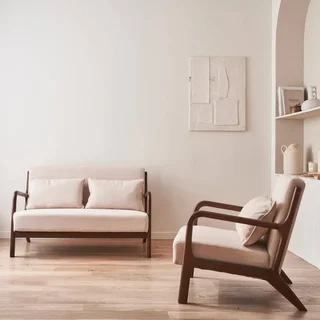 Canapé 2 places et fauteuil Lorens en hévéa teinté noyer clair avec revêtement textile beige