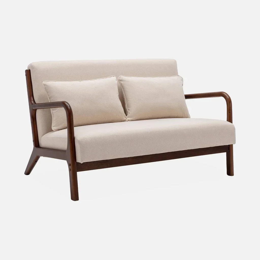 Canapé 2 places et fauteuil Lorens en hévéa teinté noyer clair avec revêtement textile beige