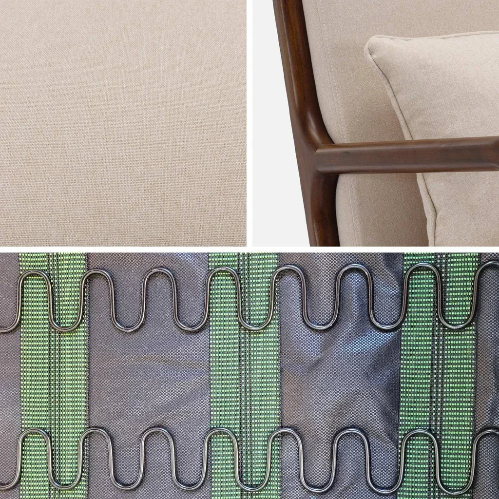 Canapé 2 places et fauteuil Lorens en hévéa teinté noyer clair avec revêtement textile beige