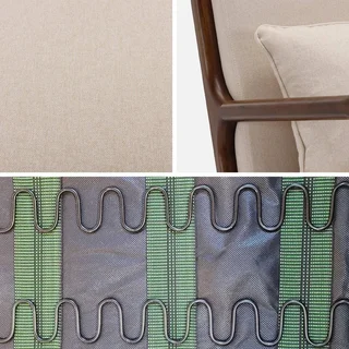 Canapé 2 places et fauteuil Lorens en hévéa teinté noyer clair avec revêtement textile beige