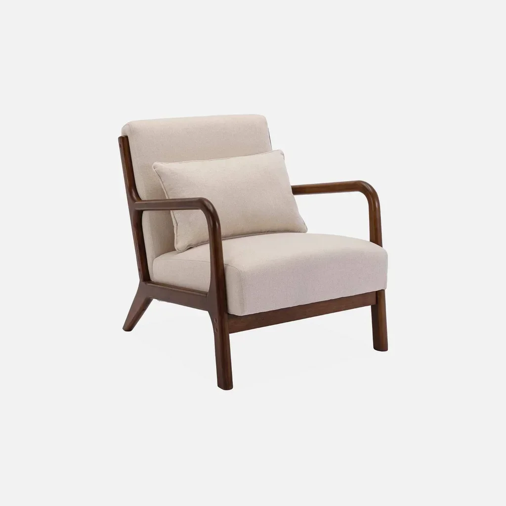 Canapé 2 places et fauteuil Lorens en hévéa teinté noyer clair avec revêtement textile beige