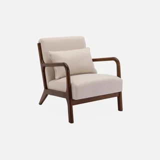 Canapé 2 places et fauteuil Lorens en hévéa teinté noyer clair avec revêtement textile beige