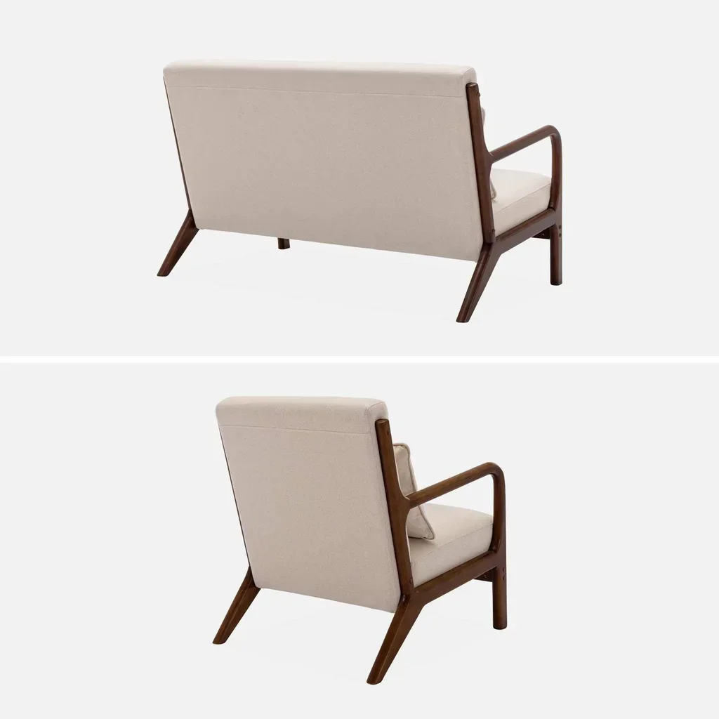 Canapé 2 places et fauteuil Lorens en hévéa teinté noyer clair avec revêtement textile beige