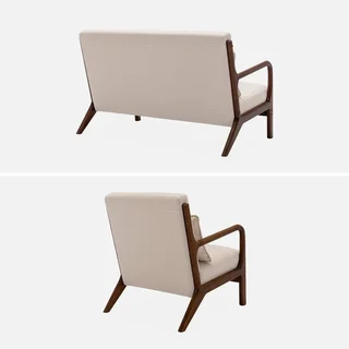 Canapé 2 places et fauteuil Lorens en hévéa teinté noyer clair avec revêtement textile beige