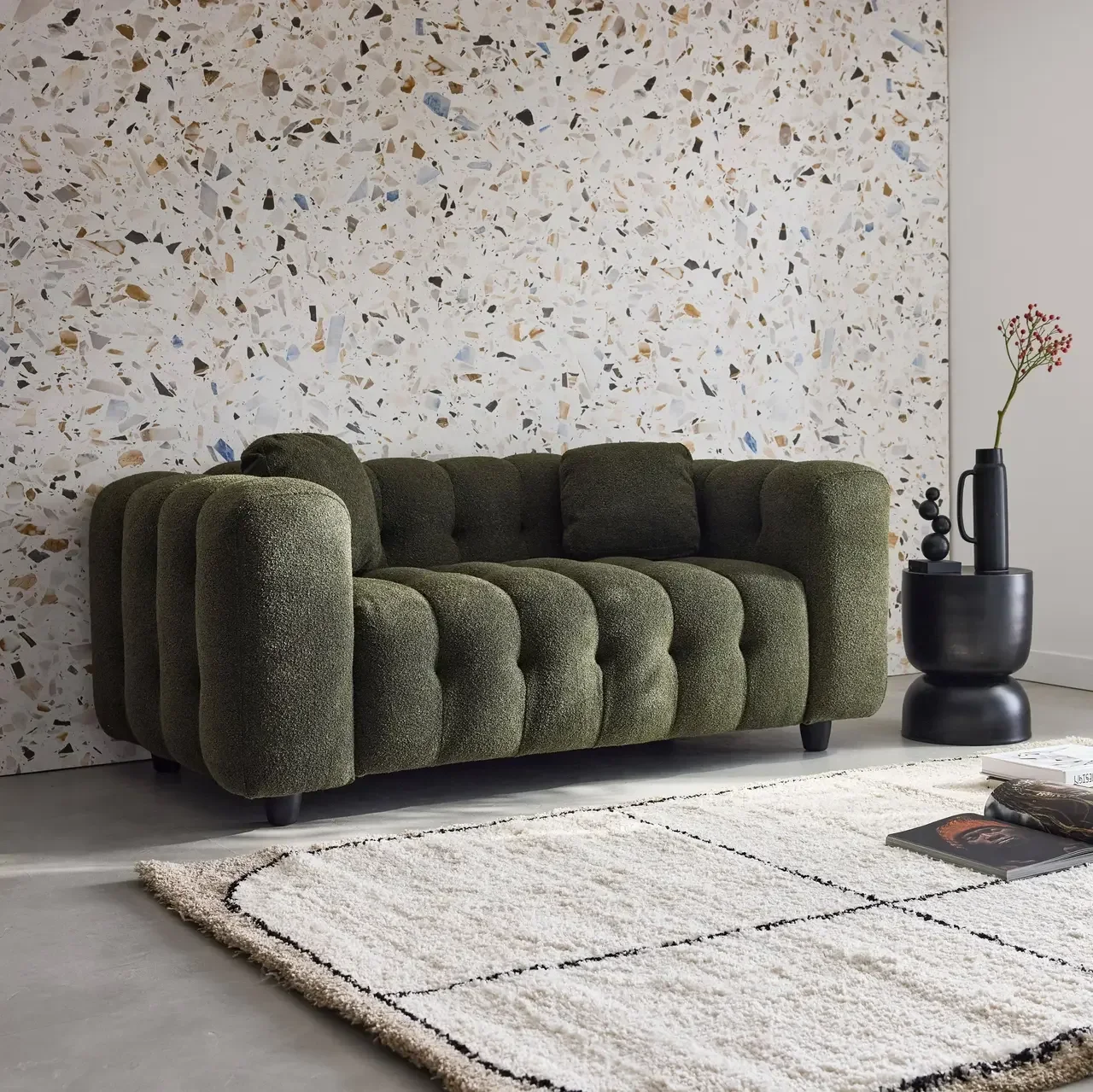 Sofá 2 Plazas Capitoné Tela Bouclé Texturizado Diseño Contemporáneo