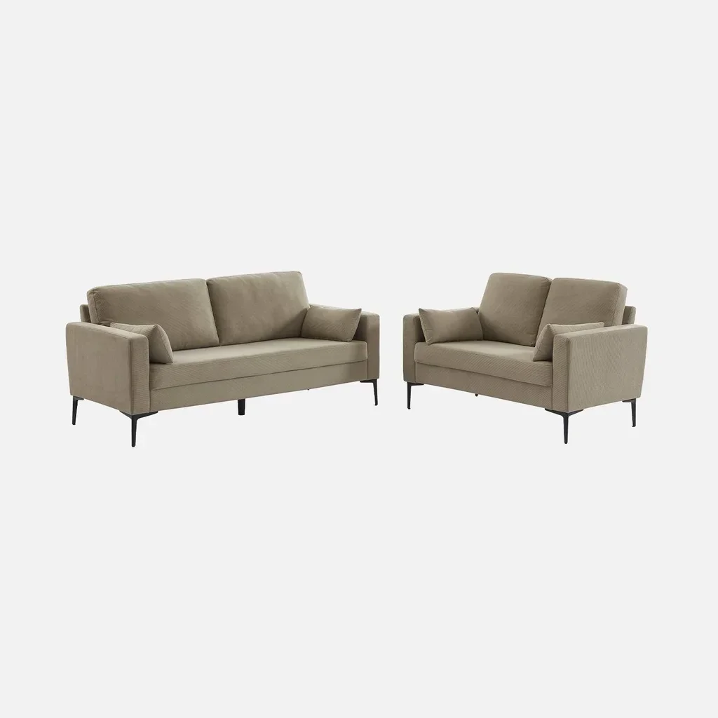 2-Sitzer Sofa Cremefarben Cord Samt Schwarze Metallbeine Modernes Wohnzimmer