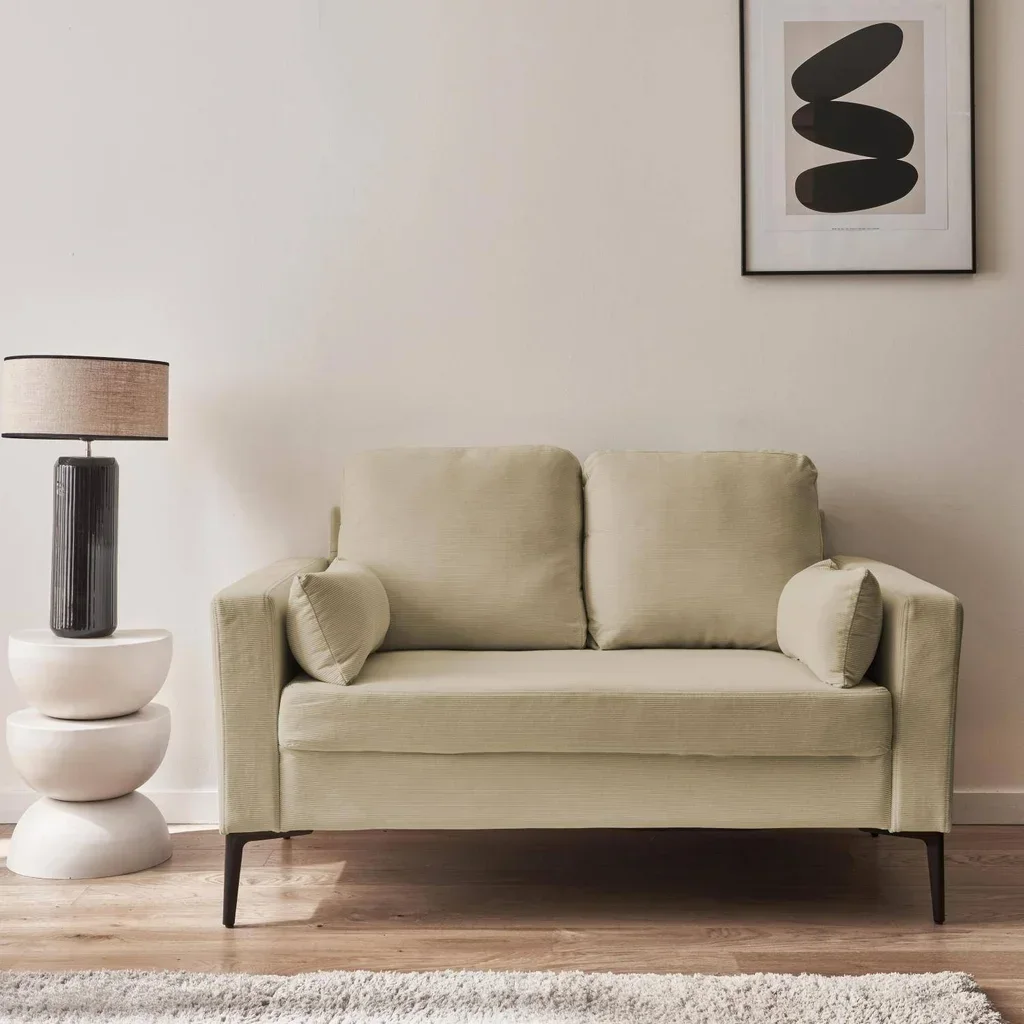 2-Sitzer Sofa Cremefarben Cord Samt Schwarze Metallbeine Modernes Wohnzimmer