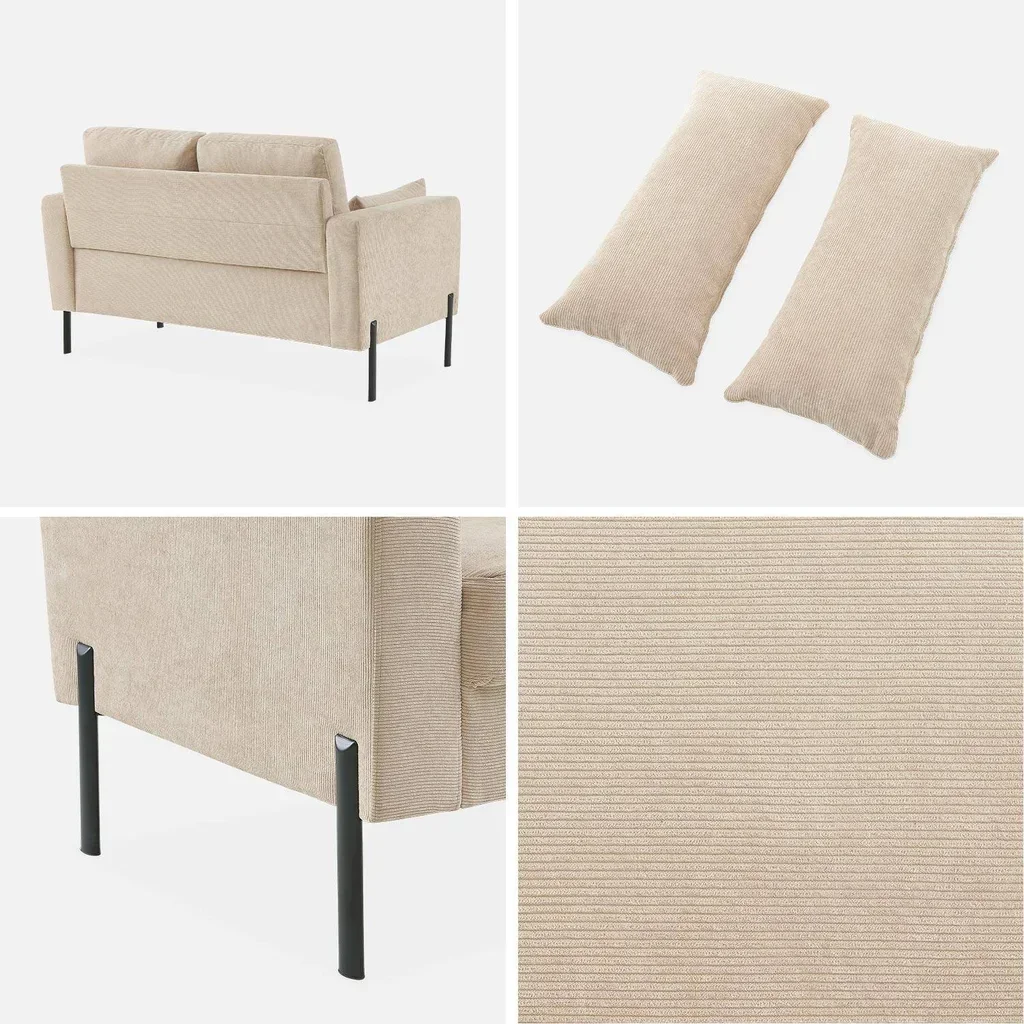 2-Sitzer Cord-Samt Sofa beige Bjorn schwarze Metallfüße