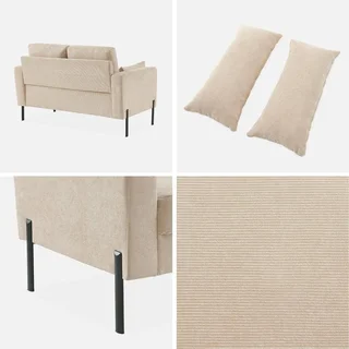 2-Sitzer Cord-Samt Sofa beige Bjorn schwarze Metallfüße