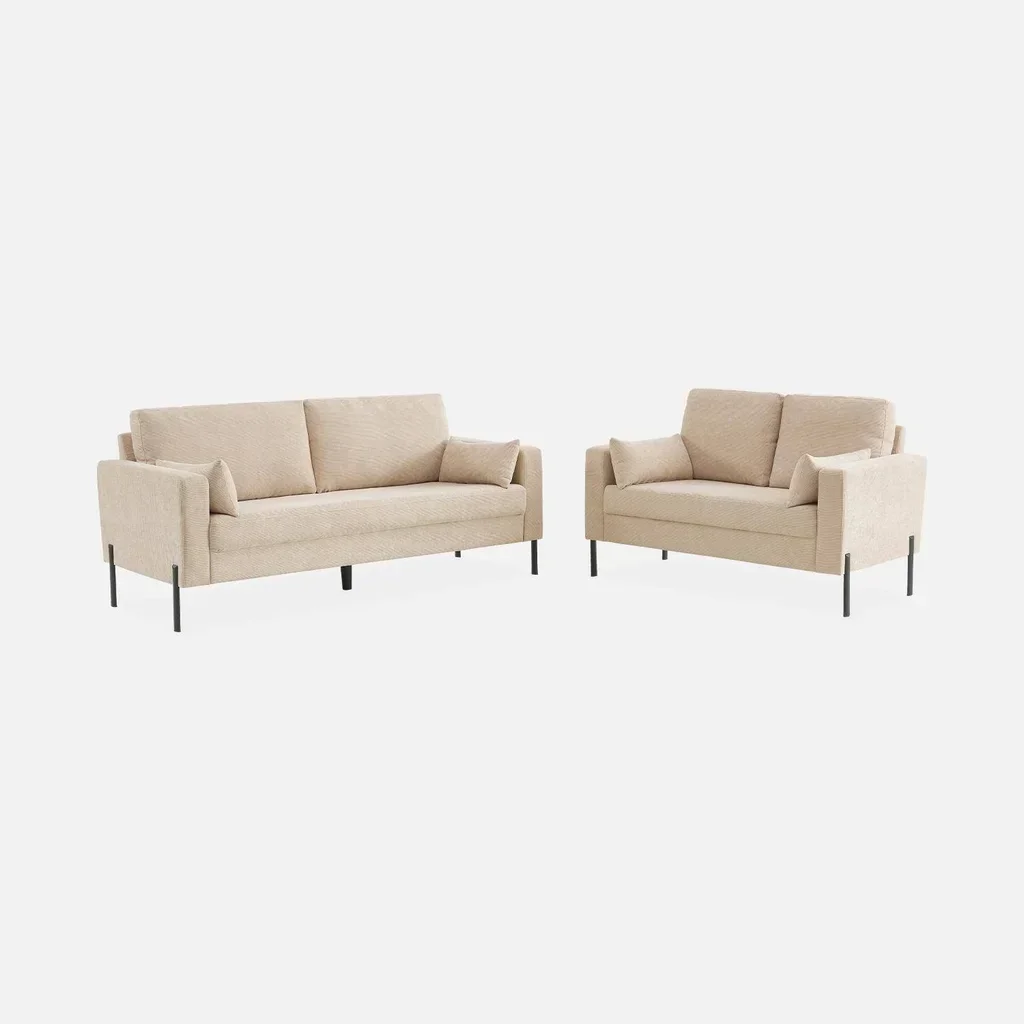 2-Sitzer Cord-Samt Sofa beige Bjorn schwarze Metallfüße