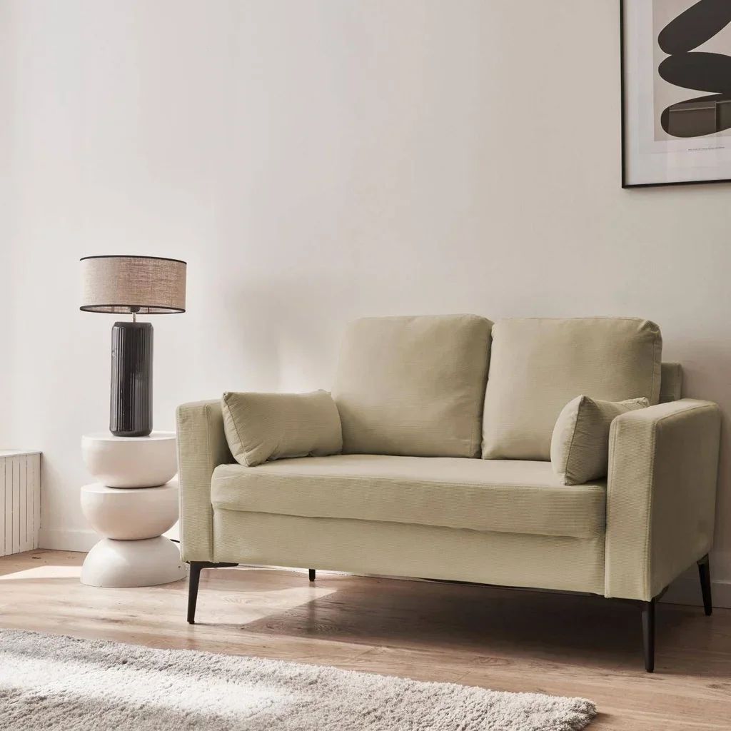 2-Sitzer Sofa Cremefarben Cord Samt Schwarze Metallbeine Modernes Wohnzimmer