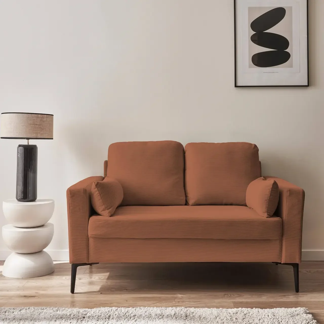 2-Sitzer Sofa Beige Cord Samt mit Metallbeinen Skandinavisches Design