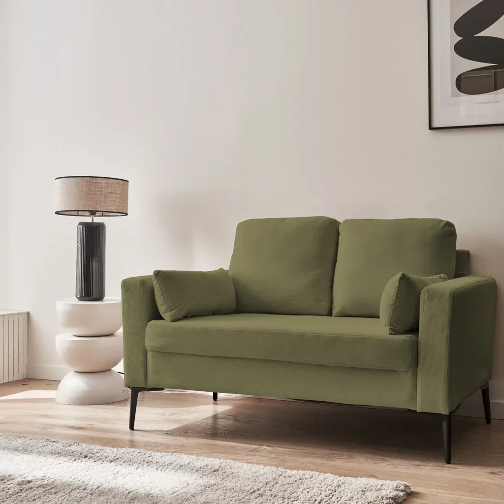 2-Sitzer Sofa Beige Cord Samt Schwarze Metallfüße Bjorn