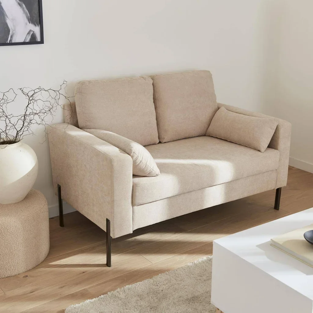 Canapé 2 places velours côtelé beige Bjorn pieds métal noir