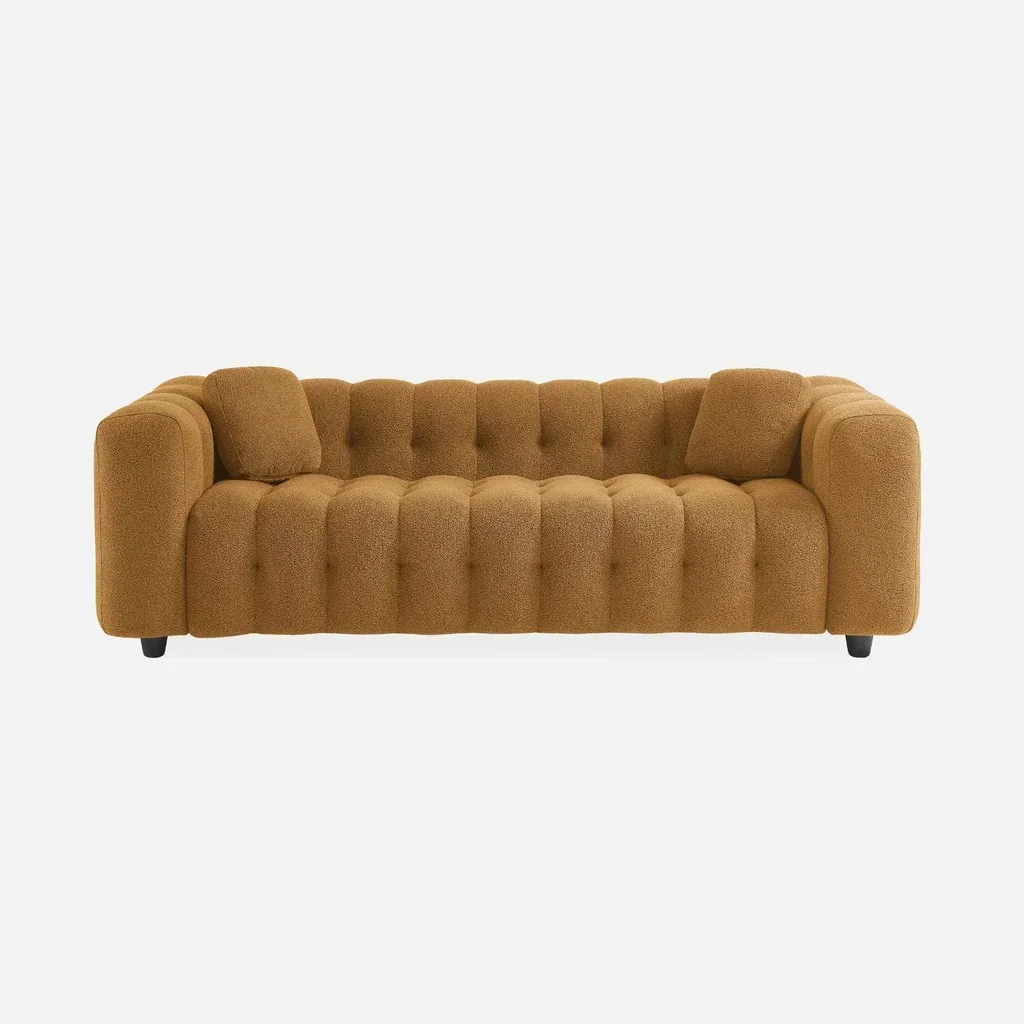 Divano moderno capitonné in bouclé texture beige a 3 posti
