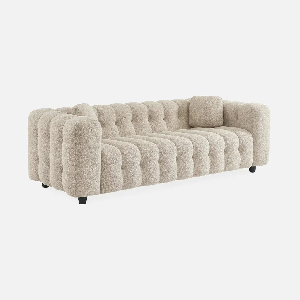 Divano 3 posti capitonné tessuto bouclé strutturato design contemporaneo