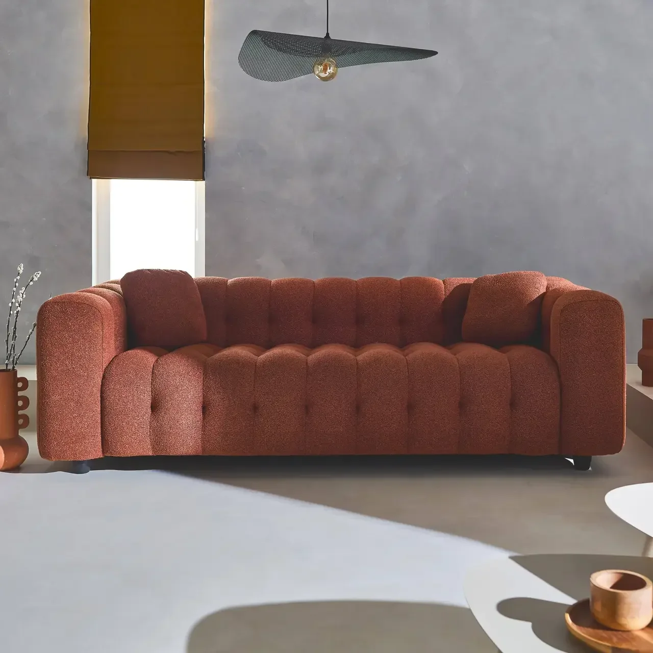 Divano 3 Posti Bouclé Strutturato Capitonné Design Contemporaneo Comfort
