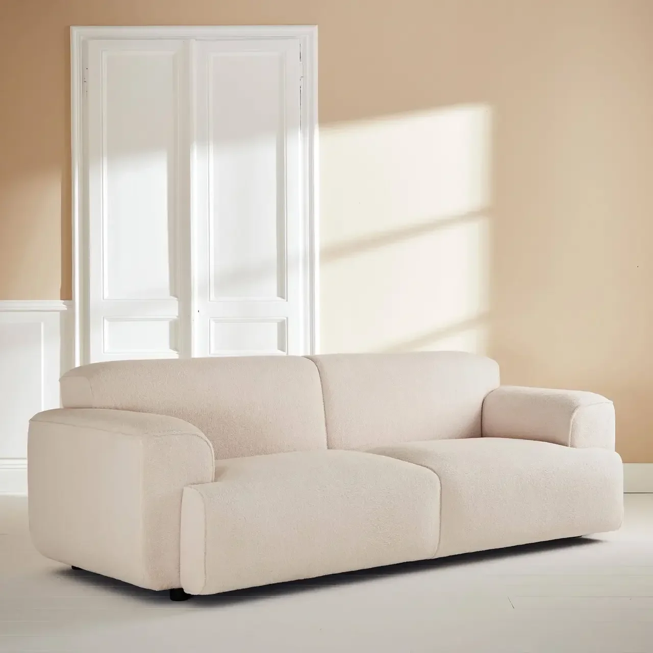 Canapé 3 places tissu bouclette crème design minimaliste Wallas