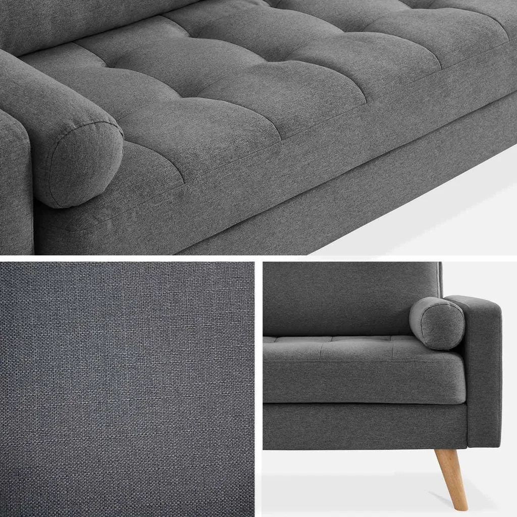 Ivar 3-Seater Sofa Dark Grey Tufted Scandinavian Design Solid Wood