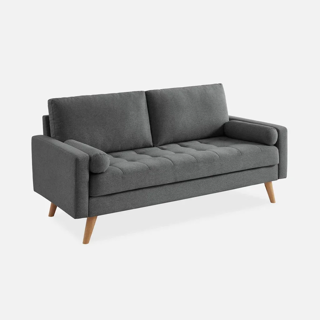 Ivar 3-Seater Sofa Dark Grey Tufted Scandinavian Design Solid Wood