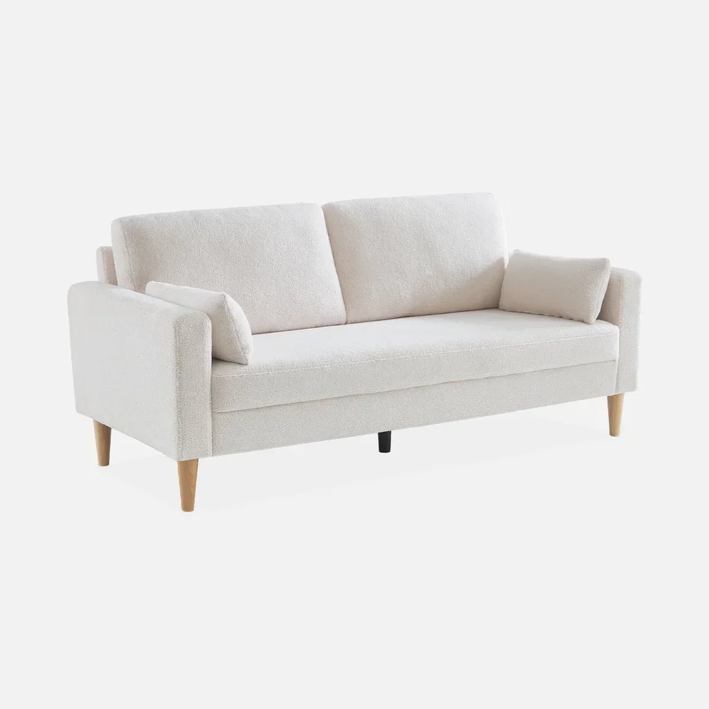 Bjorn Vintage 3-Sitzer Sofa Eukalyptus Holz Hevea Creme Boucle Stoff