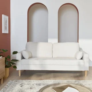 Bjorn Vintage 3-Sitzer Sofa Eukalyptus Holz Hevea Creme Boucle Stoff