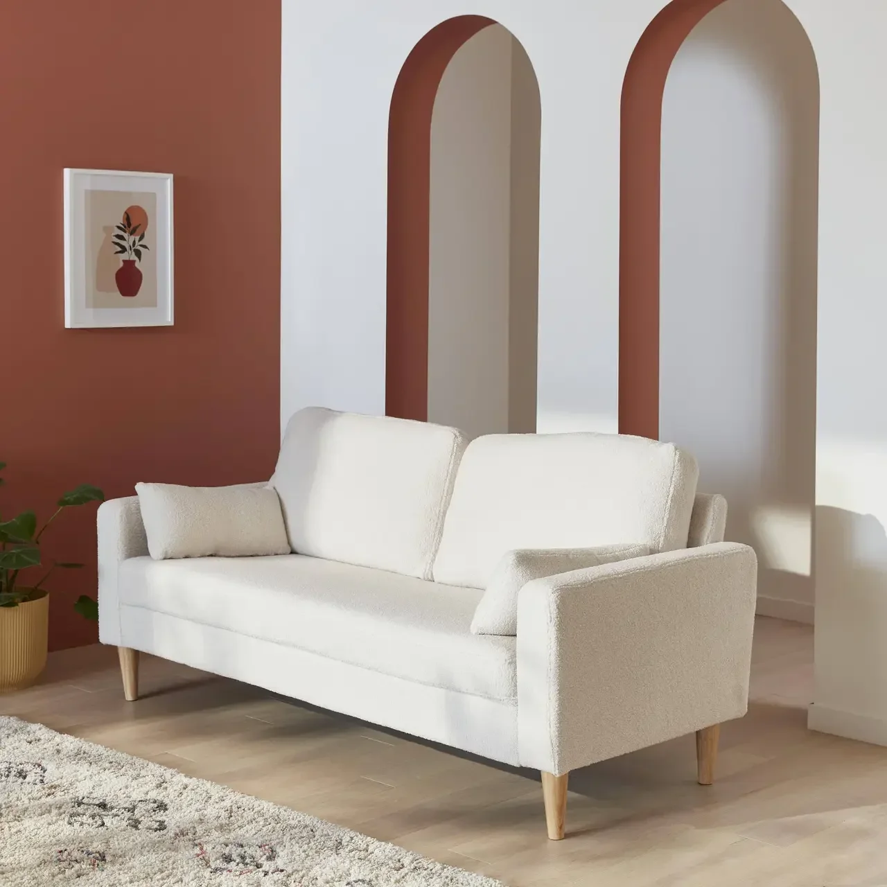 Canapé 3 places vintage bois eucalyptus hévéa tissu bouclette crème Bjorn