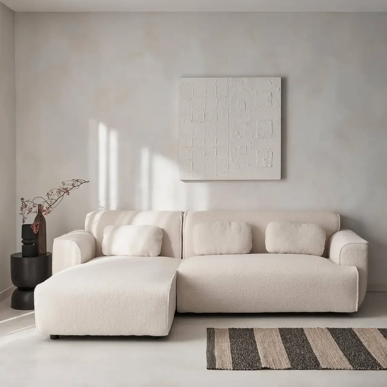 Canapé d'angle 3 places bouclette crème Wallas design minimaliste