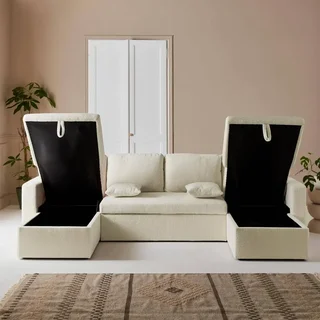 White boucle 4-seater corner sofa bed with storage