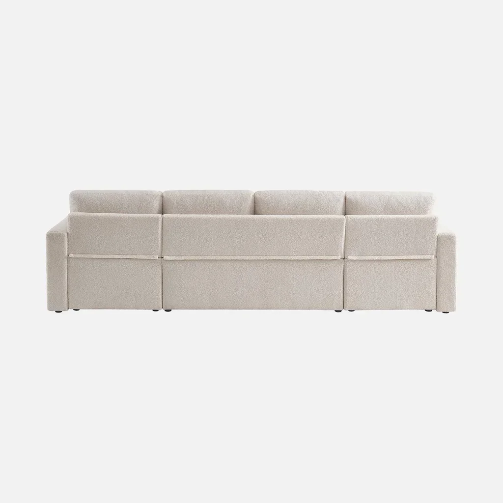 Weißes Bouclé Ecksofa mit Schlaffunktion und Stauraum für 4 Personen