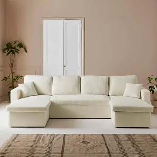 White boucle 4-seater corner sofa bed with storage