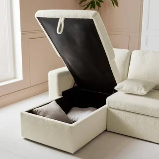 White boucle 4-seater corner sofa bed with storage