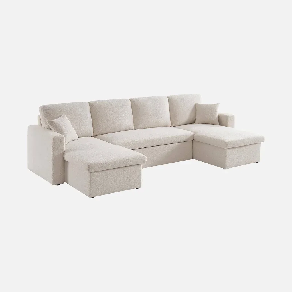 Weißes Bouclé Ecksofa mit Schlaffunktion und Stauraum für 4 Personen