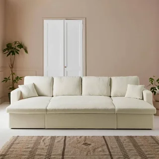 White boucle 4-seater corner sofa bed with storage