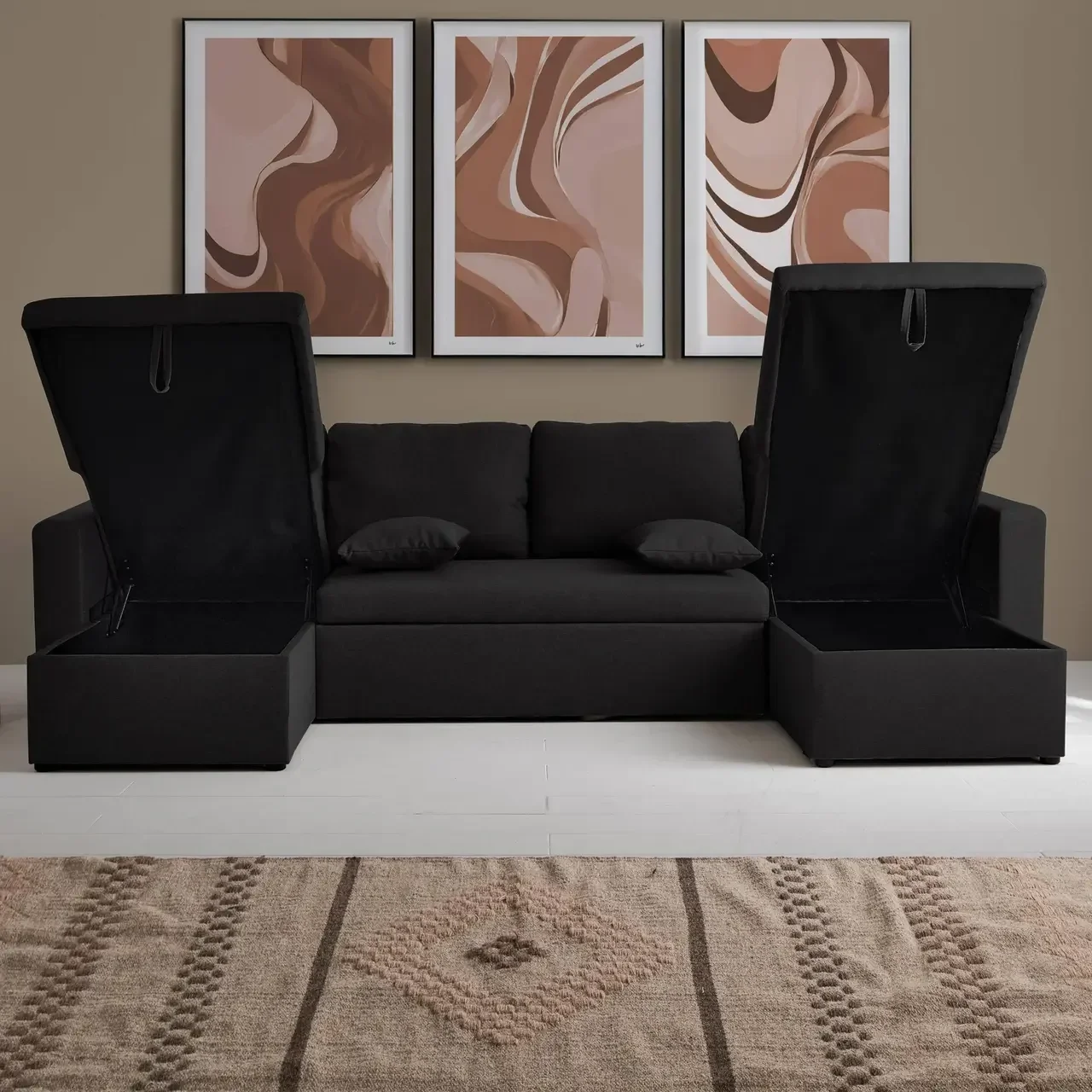 Dunkelgraues Ecksofa mit Schlaffunktion 4-Sitzer mit Recamieren und Stauraumtruhen - Urban Kollektion