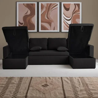 Dunkelgraues Ecksofa mit Schlaffunktion 4-Sitzer mit Recamieren und Stauraumtruhen - Urban Kollektion