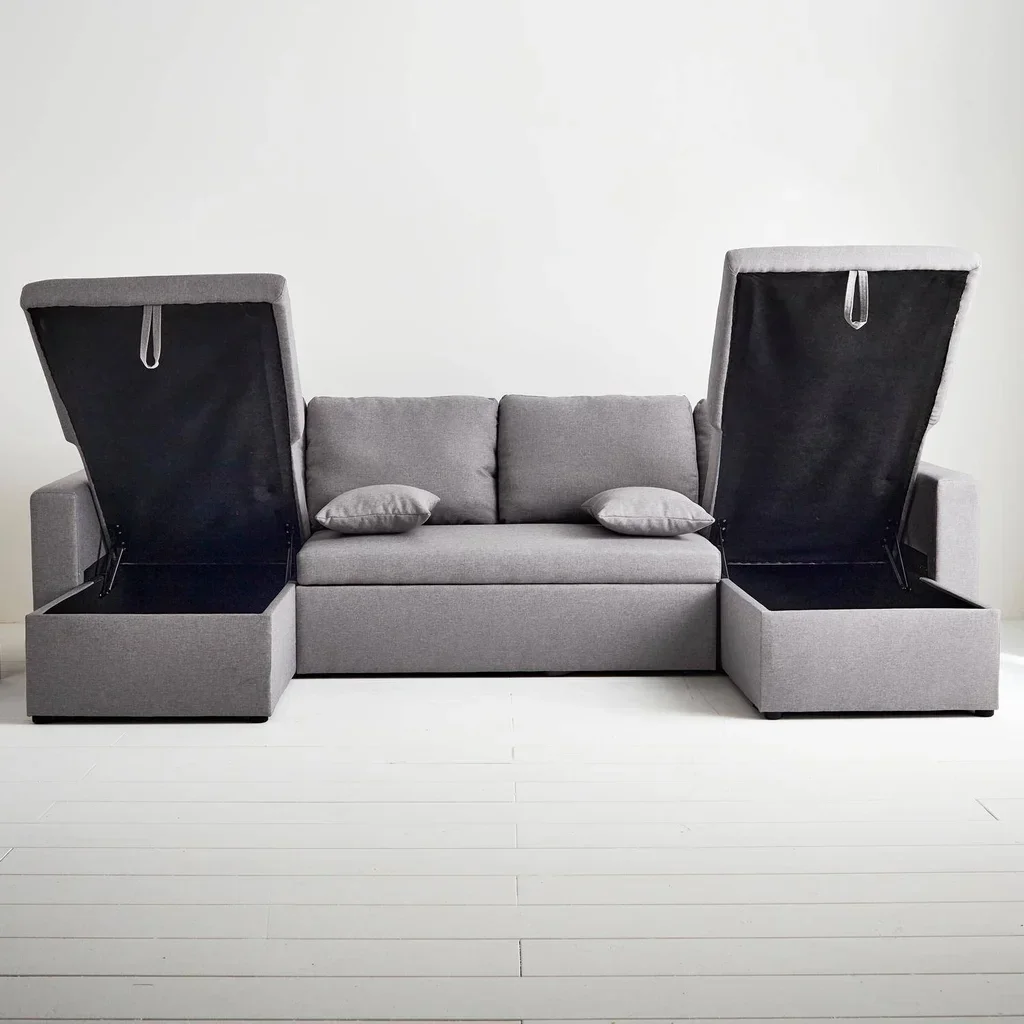 Dunkelgraues 4-Sitzer Ecksofa mit Schlaffunktion, Panorama-Design und Stauraum